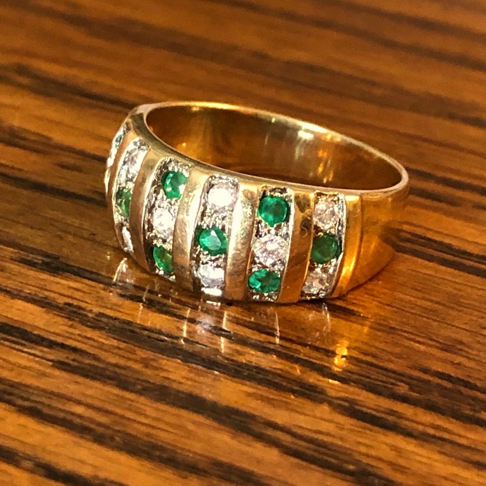 14k Yellow Gold Ring with Diamonds and Emeralds